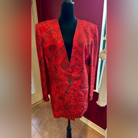 Vintage Rodier Paris 100% Silk Red Black Abstract Print Oversized Blazer/Dress L - Picture 6 of 7